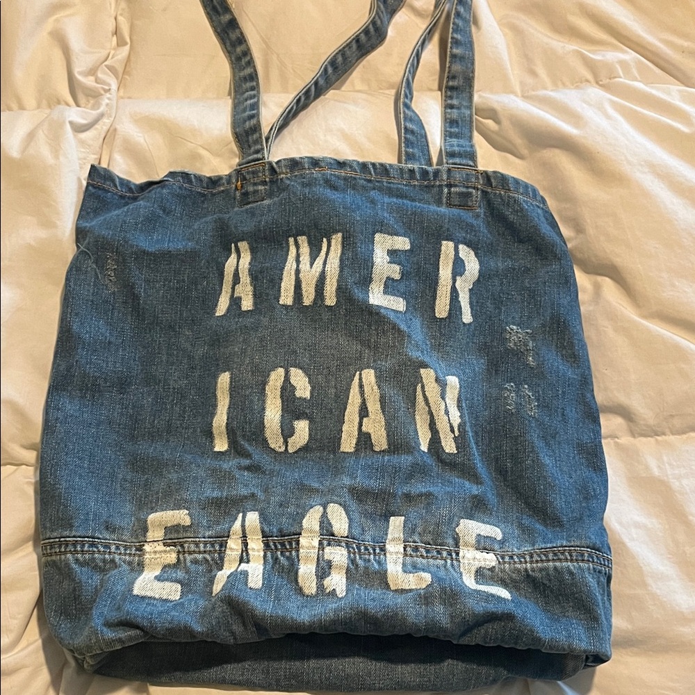 American Eagle Outfitters Blue Denim Tote with White Lettering